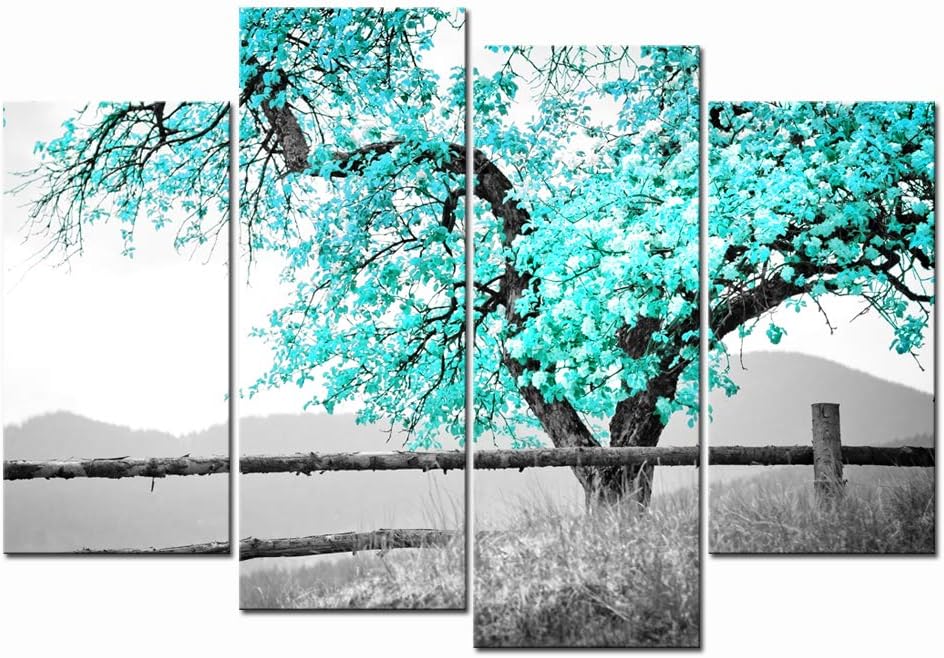LevvArts 4 Panel Wall Art Black and White Teal Green Tree Picture Canvas Prints Nature Landscape Painting Art for Living Room Wall Decor Gallery Wrap Ready to Hang