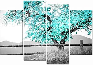 LevvArts 4 Panel Wall Art Black and White Teal Green Tree Picture Canvas Prints Nature Landscape Painting Art for Living Room Wall Decor Gallery Wrap Ready to Hang