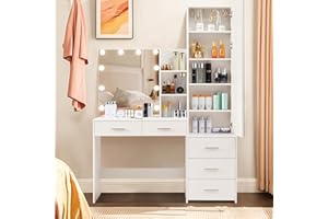 usikey 47.2" Large Vanity Desk with 10 Lights Bulbs & Full-Length Mirror, 70.9" High, Makeup Vanity with Lights and 5 Drawers, Vanity Table Set with Mirror Cabinet and 8 Storage Shelves, White