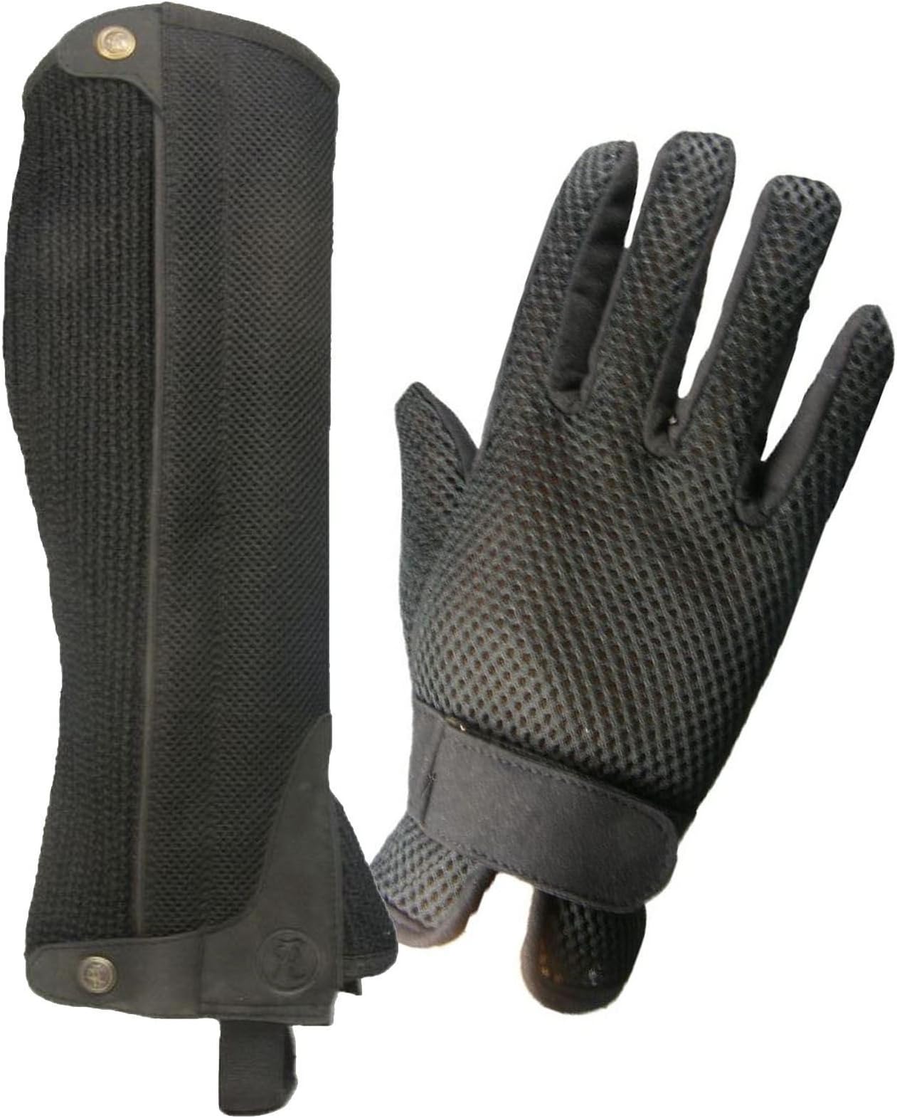 Adults Horse Riding Synthetic Suede Gaiters Air Mesh Black & Brown Half Chaps & Gloves Size S-XL Black Small