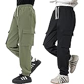 LIUNLU 2 Pack Boys Cargo Joggers Pants Elastic Waist Casual Jogging Trousers Bottom for Kids 7-13 Years