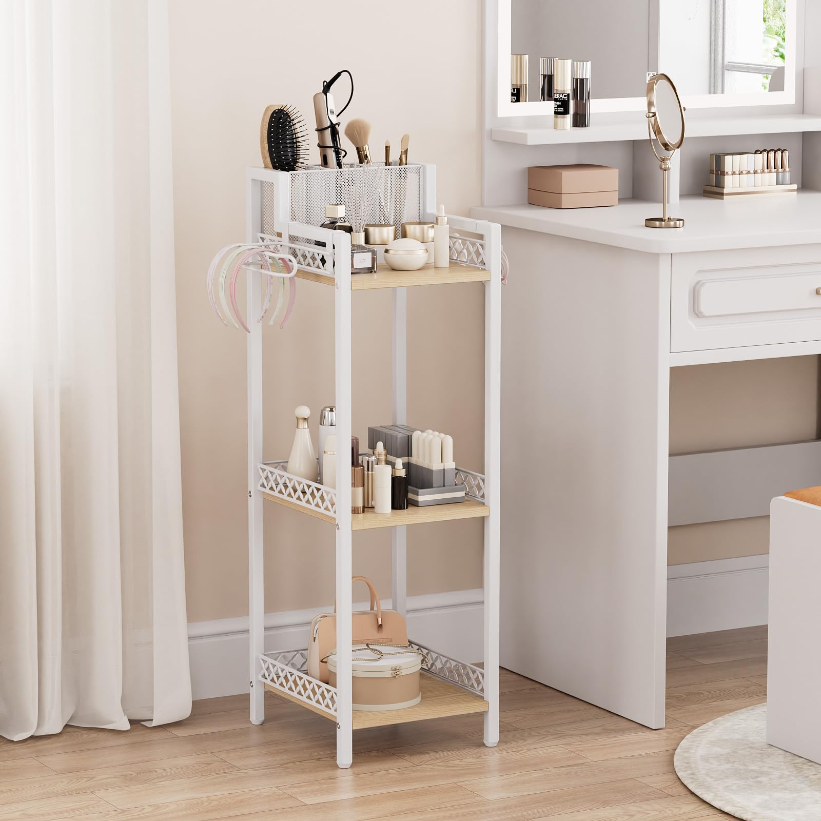 FURFUN Slim Bathroom Storage Shelf Unit, 3 Tier Corner Storage, Rustic Makeup Organizer, Space-Saving Floor Standing Storage Shelves for Bathroom, Vanity,Kitchen, Laundry 9.85im Matte White