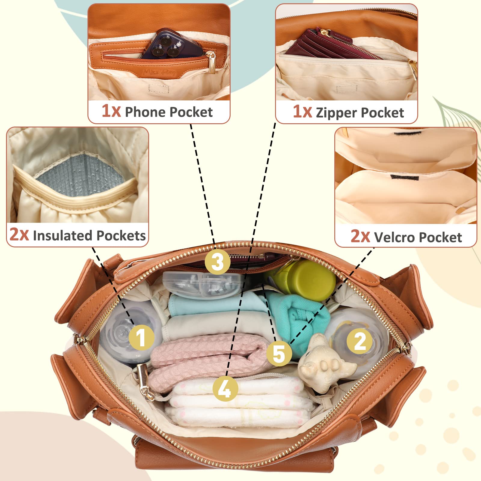 miss fong Small Diaper Bag, Mini Dackpack Leather Diaper Bag Backpack with 12 Diaper Bag Organizer, Insulated Pocket, 2 Insulated Pockets (Brown)
