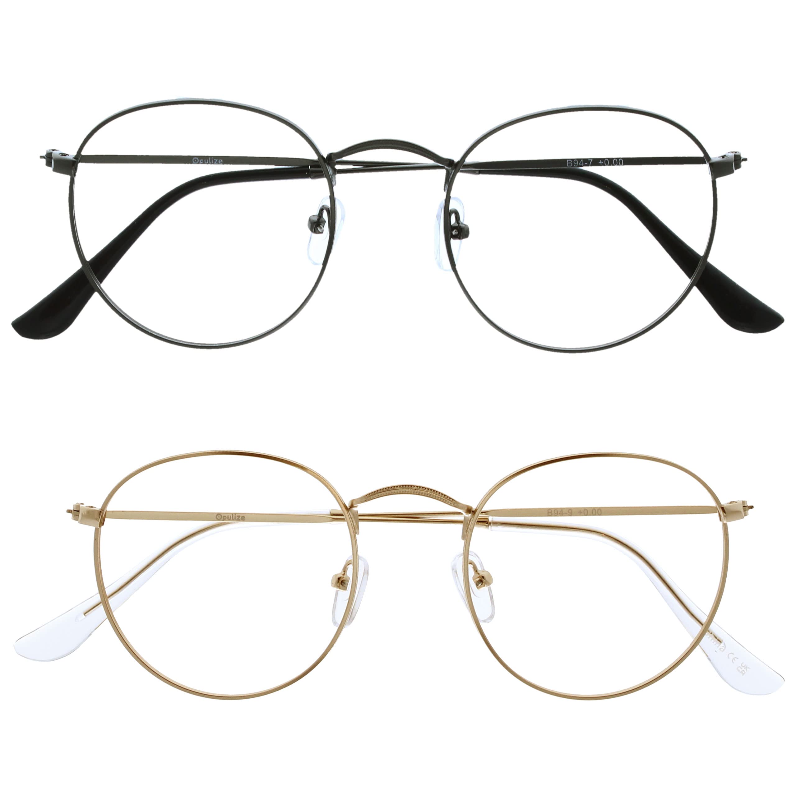 OPULIZE Sol - Reading Glasses with Blue Light Blocking 2 Pack Round Metal Retro Improve Sleep Reduce Headache Computer Glasses Gaming Anti-Reflective Matt Gunmetal Gold Mens Womens BB94-79 +3.00