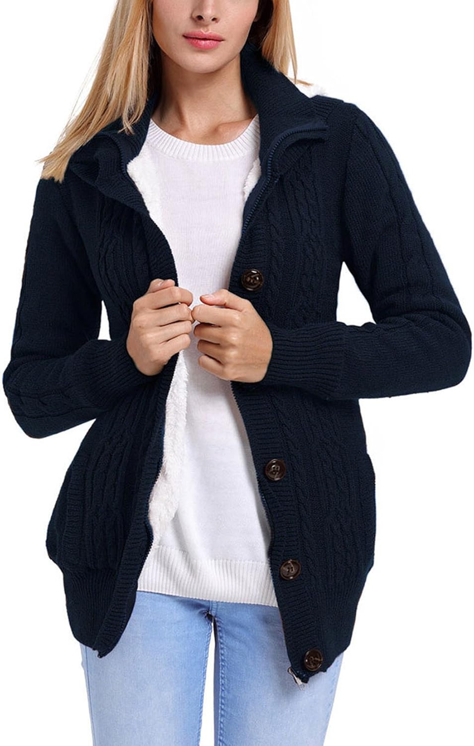 Fuwenni Women's Hooded Cable Knit Button Down Fleece Sweater Cardigans Coats with Pockets Dark