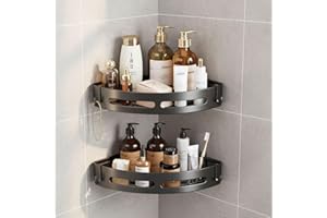 2-Pack Adhesive Shower Shelves Corner Organizer, Black Shower Caddy with 4 Hooks - No Drill Bathroom & Kitchen Storage Shelf,