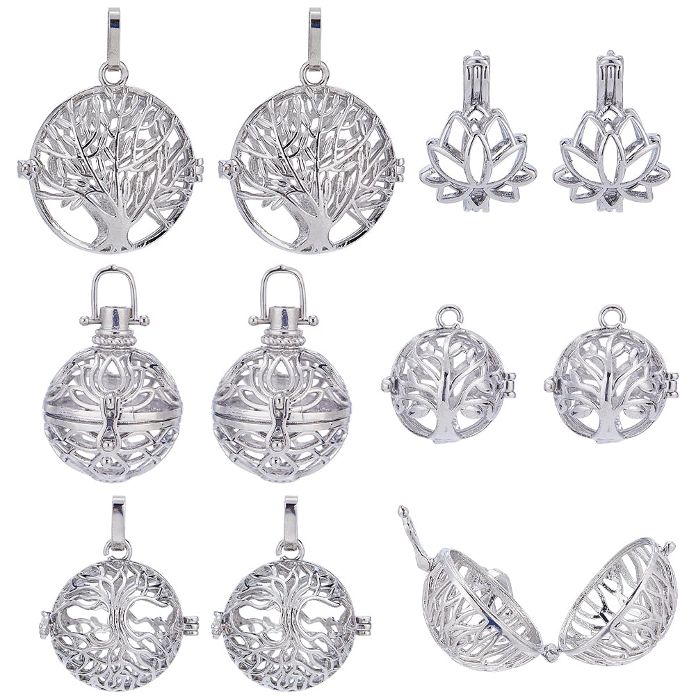 SUNNYCLUE 10Pcs Cage Charms Large Locket Cage Pendants Crystal Cage Necklaces Holder Silver Tree of Life Lotus Flowers Openable Charm Chakra Stone Bead Necklace Holders for jewellery Making Charms — image 1