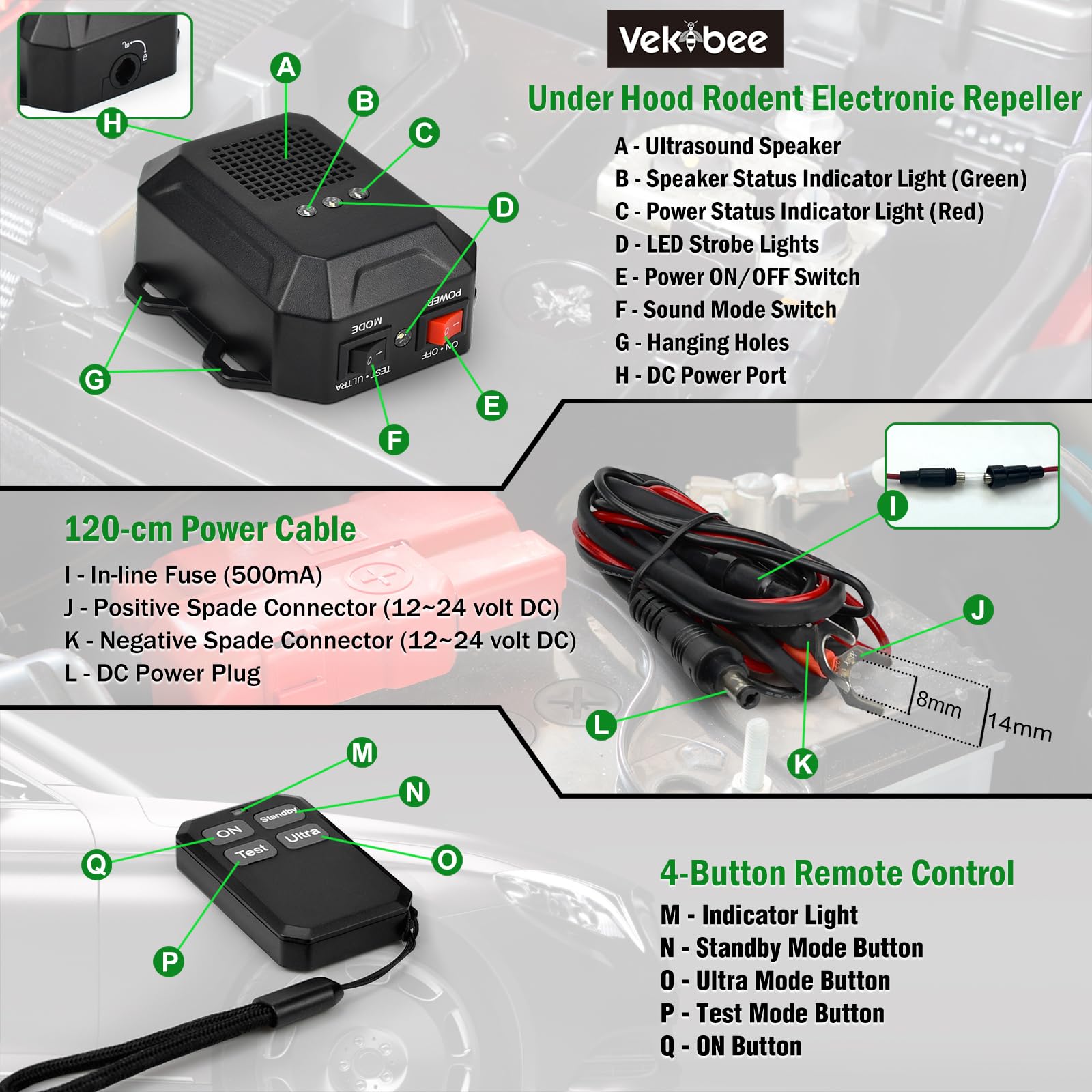 Ultrasonic Rodent Repellent for Car Engines, 12V 24V Wired Ultrasonic Mouse and Rat Deterrent with LED Strobe Lights and Remote Control – Under Hood Animal Repeller for Cars, Trucks, RVs, Vehicles