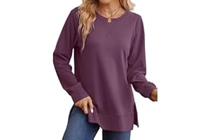 WIHOLL Sweatshirts for Women Side Split Long Sleeve Crewneck Tops Fall Winter Trendy