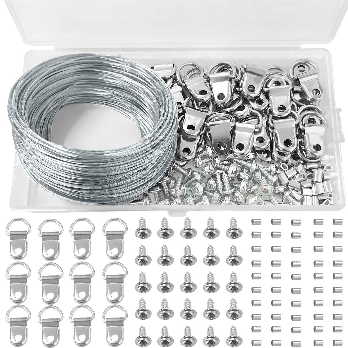 NORTHERN BROTHERS 30M Picture Hanging Wire Picture Hooks Picture Hanging Hooks Picture Hanging Kit with D Ring Picture Hangers, Crimping Loop Sleeve