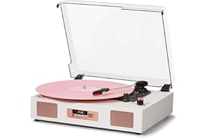 DANFI AUDIO DF Vinyl Record Player Vintage Wireless Bluetooth Record Player with Stereo Speakers, USB/TF Card Recording, LP Player with 3 Speed Belt Drive Turntable Support RCA Line-Out AUX Input EQ,White& Rose Gold