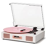 Vinyl Record Player Vintage Wireless Bluetooth Record Player with Stereo Speakers, USB/TF Card Recording, LP Player with 3 Speed Belt Drive Turntable Support RCA Line-Out AUX Input EQ,White& Rose Gold