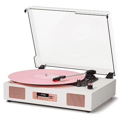 Vinyl Record Player Vintage Wireless Bluetooth Record Player with Stereo Speakers, USB/TF Card Recording, LP Player with 3 Speed Belt Drive Turntable Support RCA Line-Out AUX Input EQ,White& Rose Gold