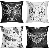 Britimes Throw Pillow Covers 18x18 Inches Home Decor Set of 4 Pillow Cases Decorative for Bed Sofa Cushion Couch Outdoor Capricorn Cat Feather Moth Gothic Pillowcases (Black and White)