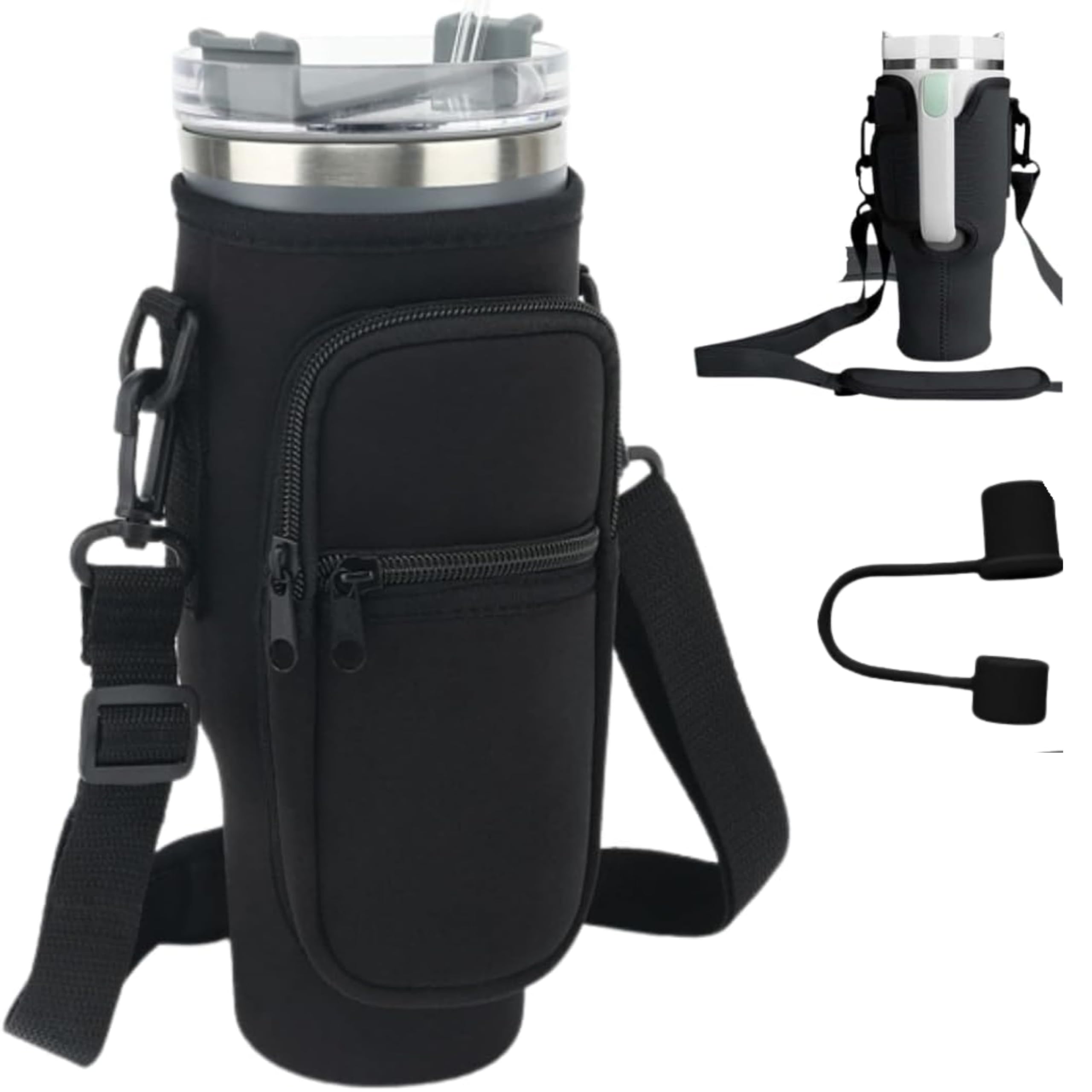 Stanley Cup Bag, Cup Accessories Holder with Adjustable Strap & Phone Pocket for Bottles, 40oz Tumbler for Walking and Hiking (Black Bag + Straw Stopper)