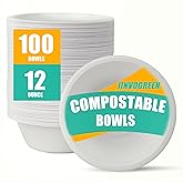 JINVOGREEN 100 Count 12 oz Paper Bowls, Disposable Compostable Bowls, Heavy Duty Biodegradable Bagasse Bowl for Snacks, Soup, and Salads, White