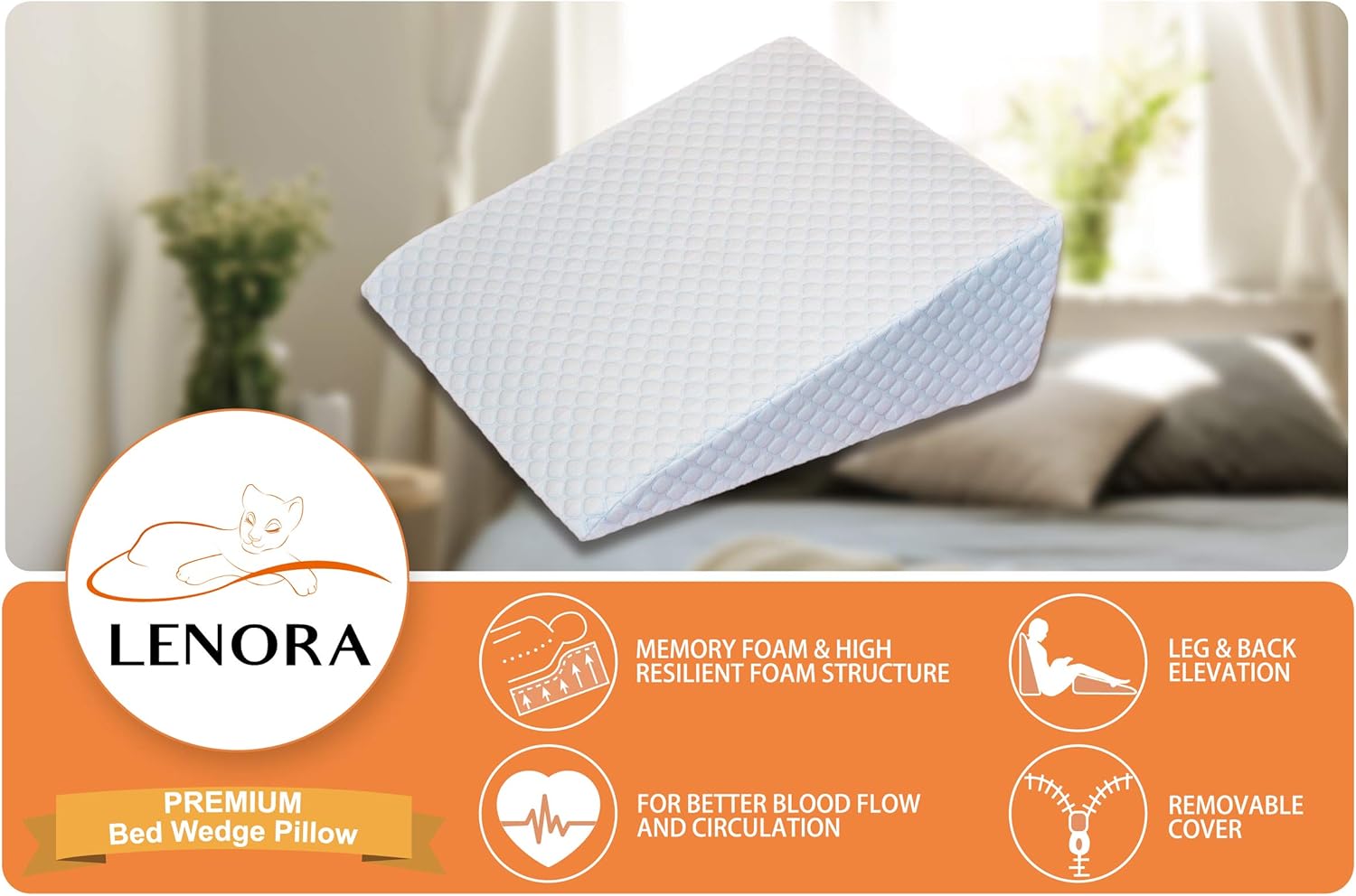 Bed Wedge Pillow with 1.5 Inch Memory Foam Top, (24 x 28 x 12 Inches), Removable and Washable Cover, Perfect for Sleeping or Reading, Leg Elevation, Back Support, LENORA 12 Inch Wedge: Kitchen & Dining