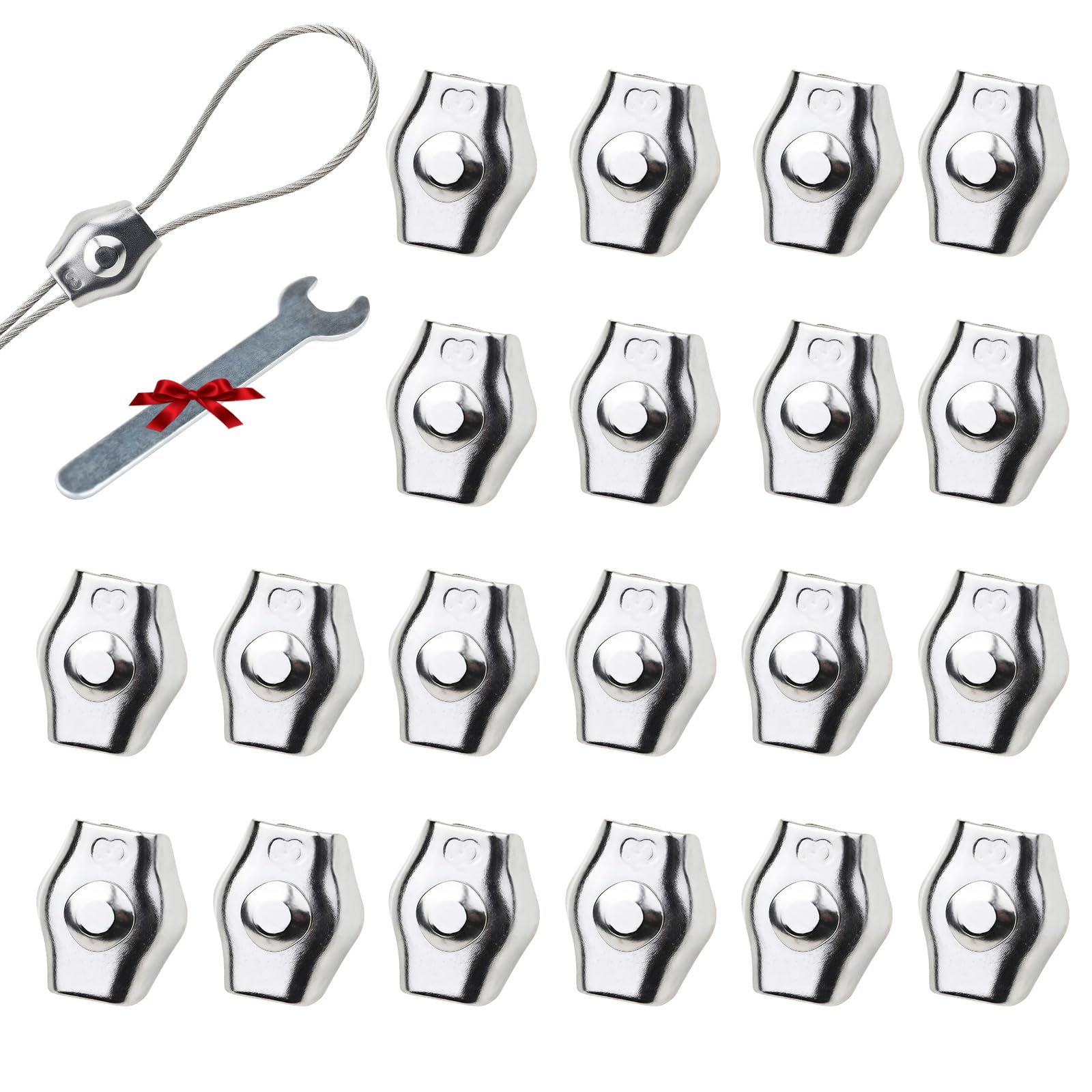 Photo 1 of 20Pcs M3 Stainless Steel Single Wire Rope Clips, Simplex Bolt Cable Clamp for 1/16in-1/8in Diameter Wire Cable for Picture Hanging Christams String Light, Free Wrench