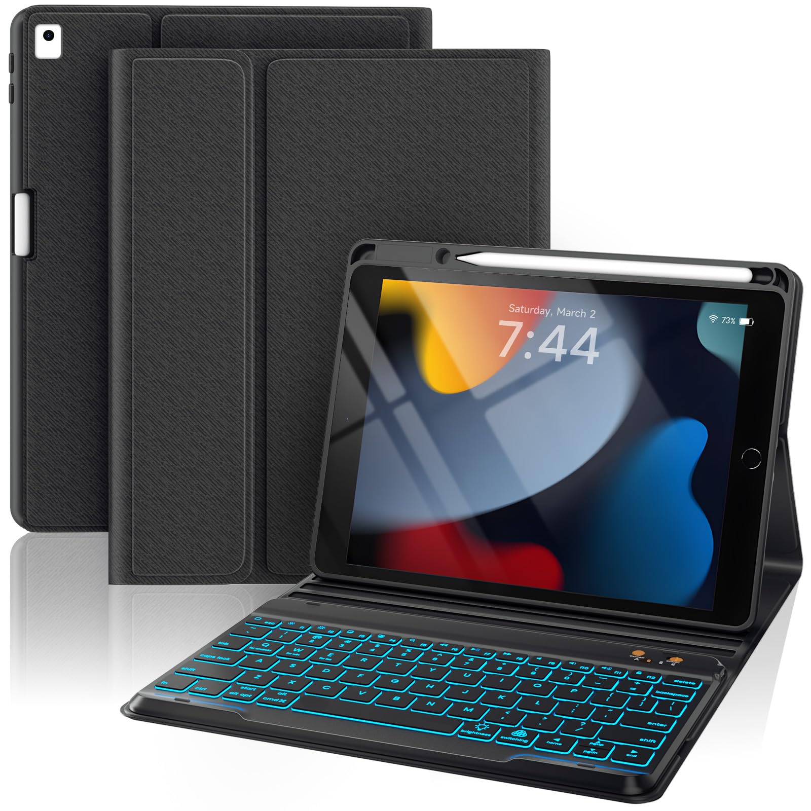 OYEEICE Keyboard Case for iPad 9th/ 8th/ 7th Generation 10.2 Inch(2021/2020/ 2019), 7 Colors Backlit Wireless Detachable Keyboard for iPad Air 3rd Gen with Stylus Holder (Black, classic style)