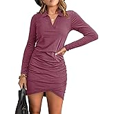 AUXDIO Women Bodycon Long Sleeve Dresses Casual V Neck Ruched Wrap 2026 Spring Fall Party Club Mini Dress
