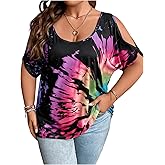 SOLY HUX Women's Plus Size Tops Tie Dye Cold Shoulder Short Sleeve Scoop Neck Tee T Shirts