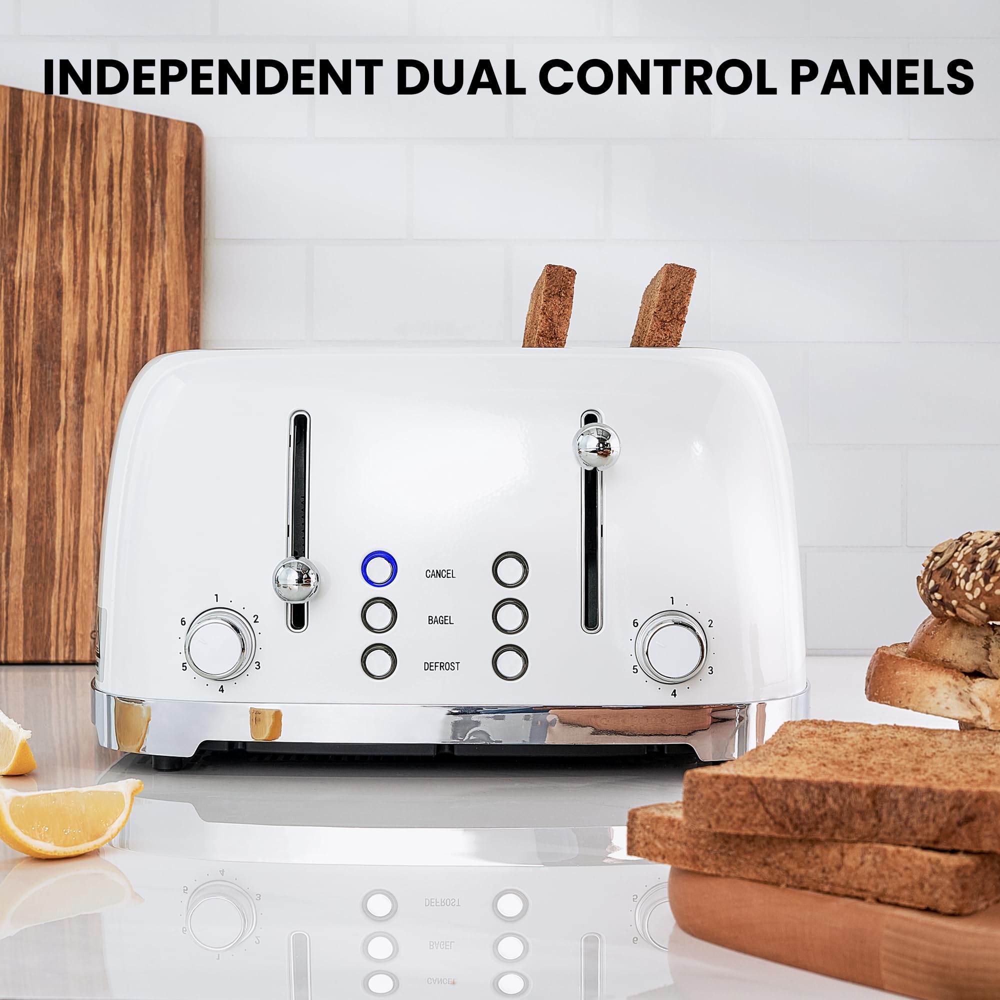 Roter Mond Tostadora Retro de 4 Rebanadas de Acero Inoxidable con Función de Cancelación de Descongelación de Bagel, 6 Configuraciones de Dorado, Ranura Extra Ancha y Bandeja Recogedor de Migas Extraíble, Blanco, ST033