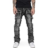 Stretch Stacked Jeans Mens Slim Fit Ripped Cargo Jeans Distressed Straight Leg Hip Hop Trousers with Pockets