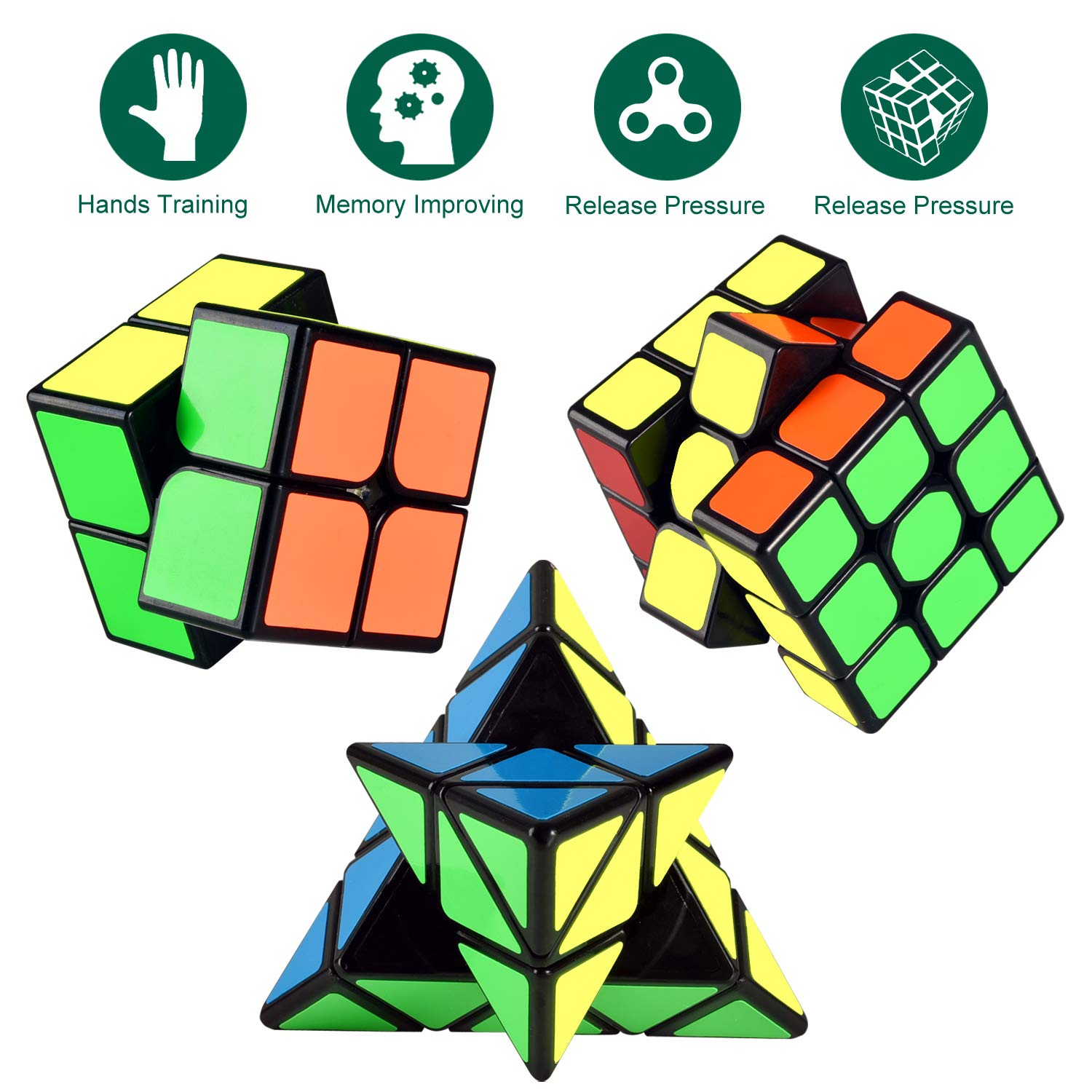 Speed Cube Set, Charlemain Magic Cube Set of 2x2x2 3x3x3 Pyramid Smooth Puzzle Cube Bundle,Puzzle Toys Gifts for Kids and Adult Challenge