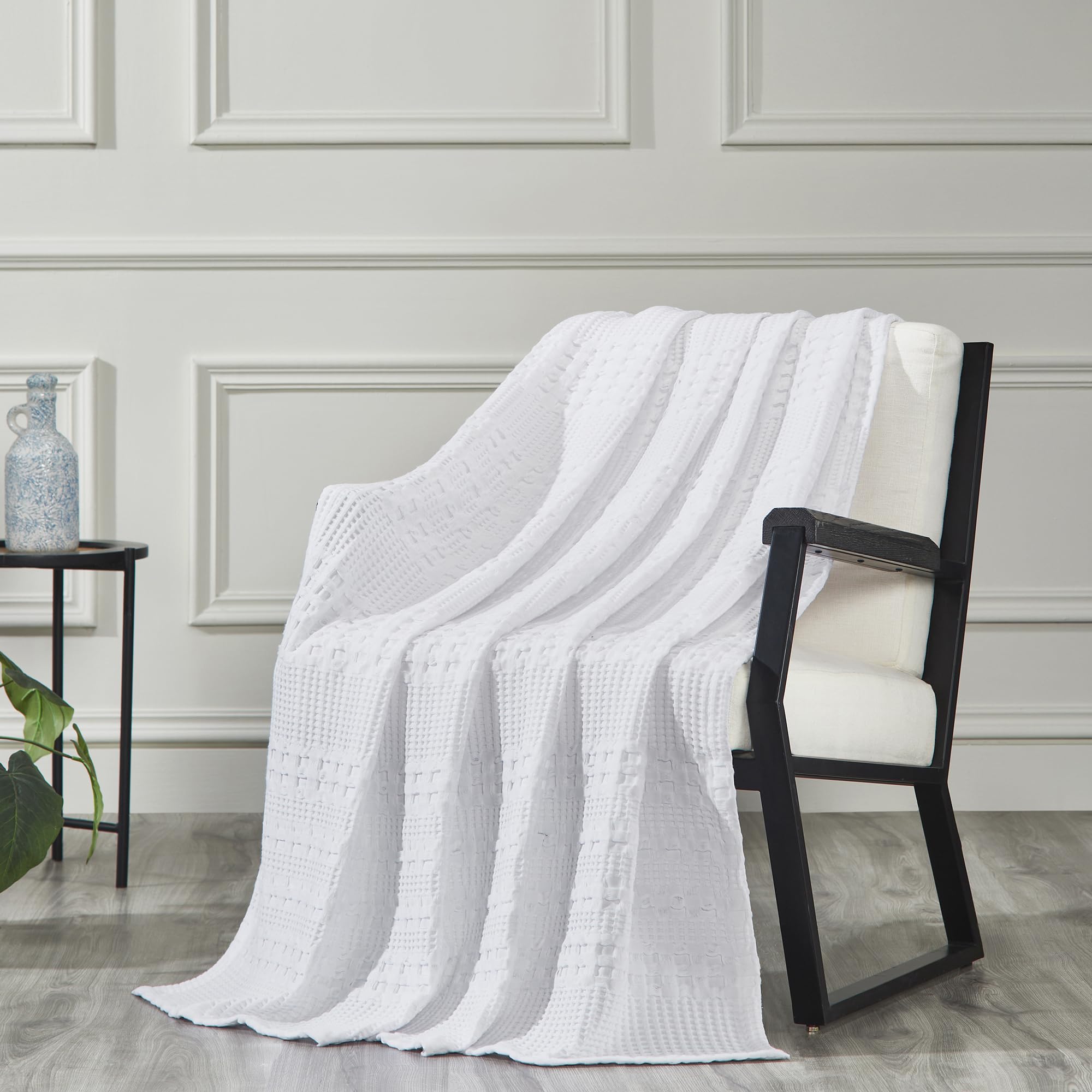 Photo 1 of VHC Brands 100% Cotton Waffle Weave White Throw 50x60, Decorative Cotton Throw Blanket, Boho Farmhouse Bedroom, Living Room Decor for Bed, Couch, or Sofa