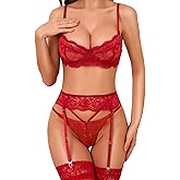 RSLOVE Lingerie Set for Women Sexy - Corset And Panty Outfits 3 Piece Lace Push Up Underwire with Garter Lingerie