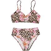 RoseSeek Girl's 2 Piece Leopard Floral Bikini Set Ring Linked Hipster High Waisted Swimsuit Swimwear
