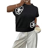 Floerns Women's Flower Floral Knit Dolman Cap Short Sleeve Crew Neck Pullover Sweaters Tops Fall Outfits Loose Fit Black X-Small