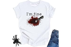 OCURHU I'm Fine Bloody Shirt Halloween Horror Blood Tshirts Funny Blood Bloodstained Splatter Halloween Costume