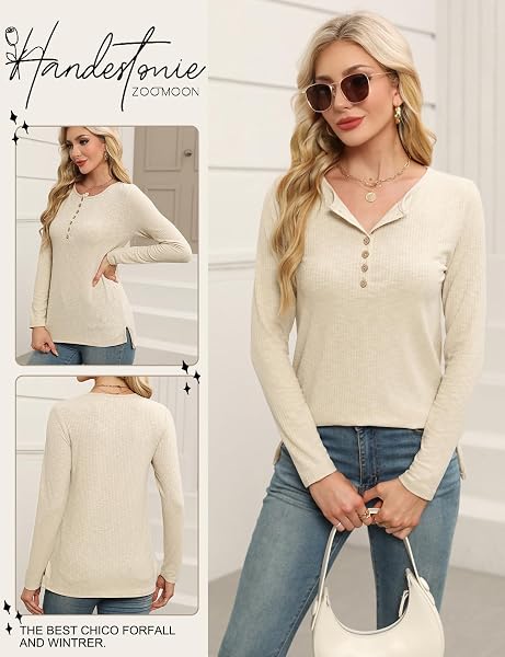 ZOOMOON WOMEN’S HENLEY TOPS LONG SLEEVE SHIRTS RIBBED BUTTON UP TUNIC T-SHIRTS CASUAL V NECK LOOSE BLOUSES APRICOT M