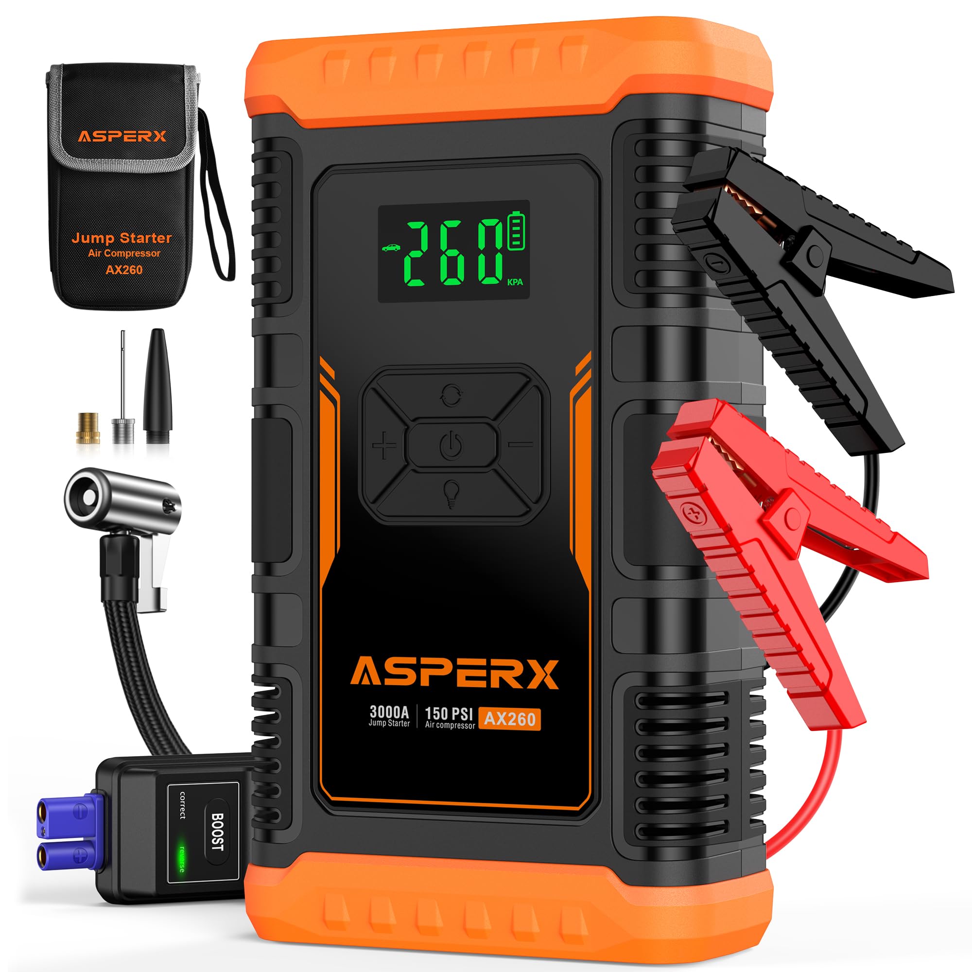 AsperX Jump Starter with Air Compressor, 150PSI 3000A Car Battery Booster Jump Starter (10.0L Gas/8.0L Diesel) with USB Quick Charge, 12V Car Booster Battery Pack with LED Flashlight