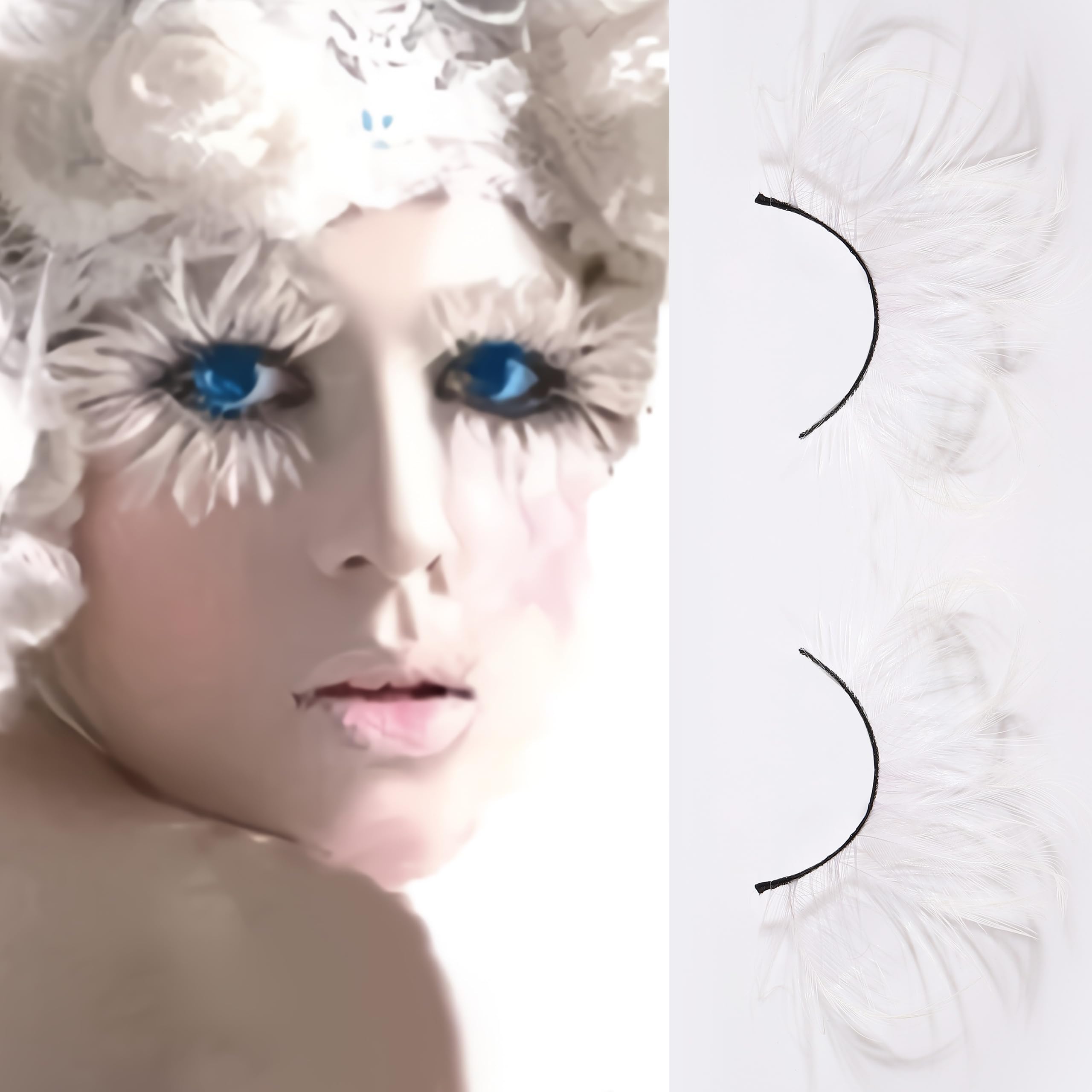 Dorisue White Peacock Feather Lashes - Dramatic Halloween Queen Costume Eyelashes for Gothic Cosplay | 1 Pair Premium Bold Fluffy Voluminous Lashes for Halloween Costume