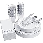 FOCUSLINE 175 Count Silver Dinnerware Set for 25 Guests - Silver Rimmed Disposable Plastic Plates Heavy Duty, Includes 25 Dinner & Salad Plates, Cups, Cutlery Set for Wedding Parties