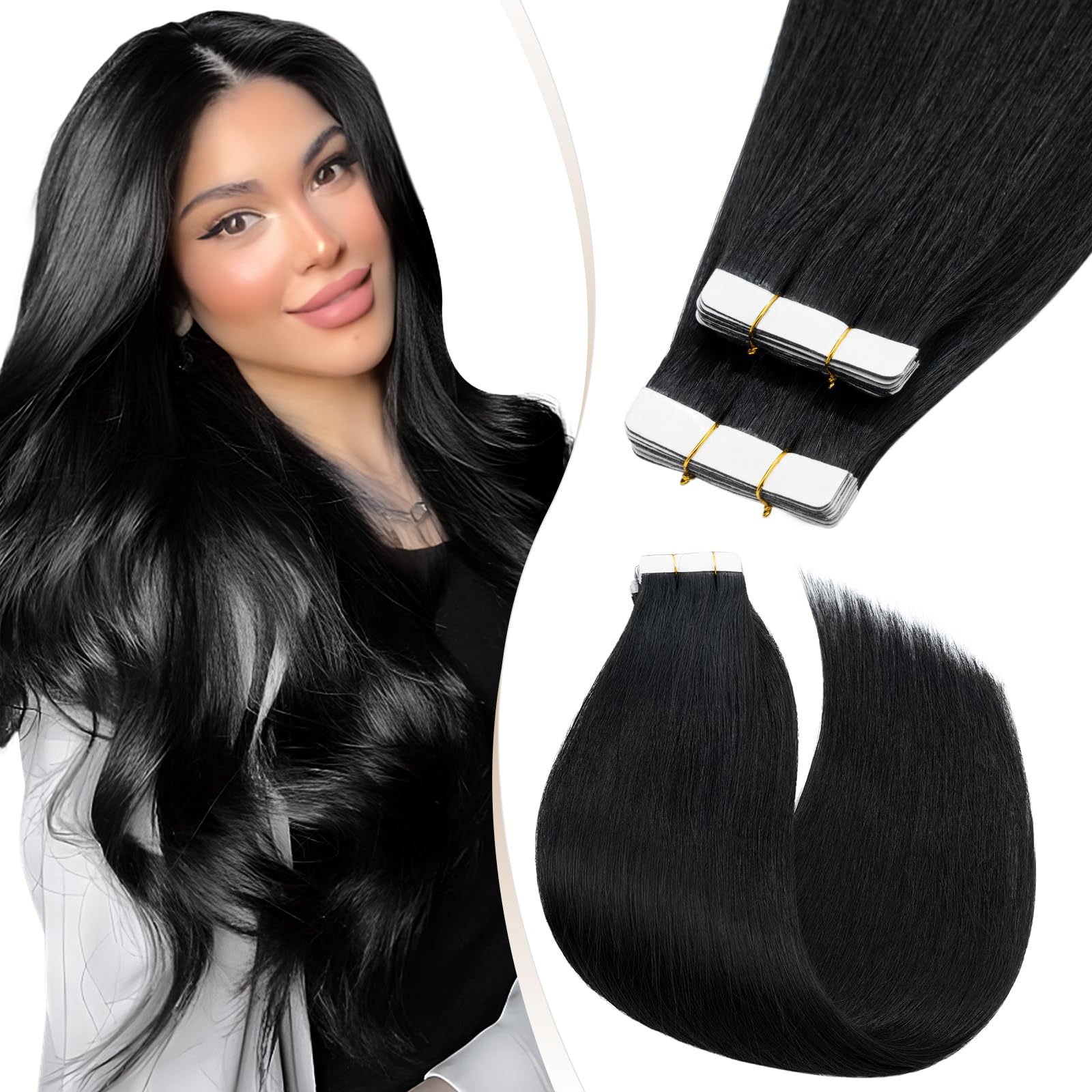 Elailite Hair Extensions Real Human Hair Tape in Remy Hair Straight 40 pcs Thin Type - Seamless Skin Weft HairPiece (#1 Jet Black, 22 Inch (60 g))