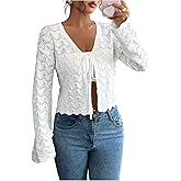 GORGLITTER Women's Crochet Cropped Cardigan Sweater Tie Front Bell Long Sleeve Fall Lightweight Going Out Knit Top