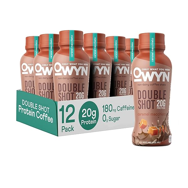 OWYN ONLY WHAT YOU NEED DOUBLE SHOT DAIRY FREE KETO PROTEIN COFFEE SHAKE, CARAMEL MACCHIATO, 0G SUGAR, 20G PLANT BASED PROTEIN, 180MG CAFFEINE, GLUTEN & SOY FREE, NON-GMO, VEGAN (12 PACK, 12 FL OZ)