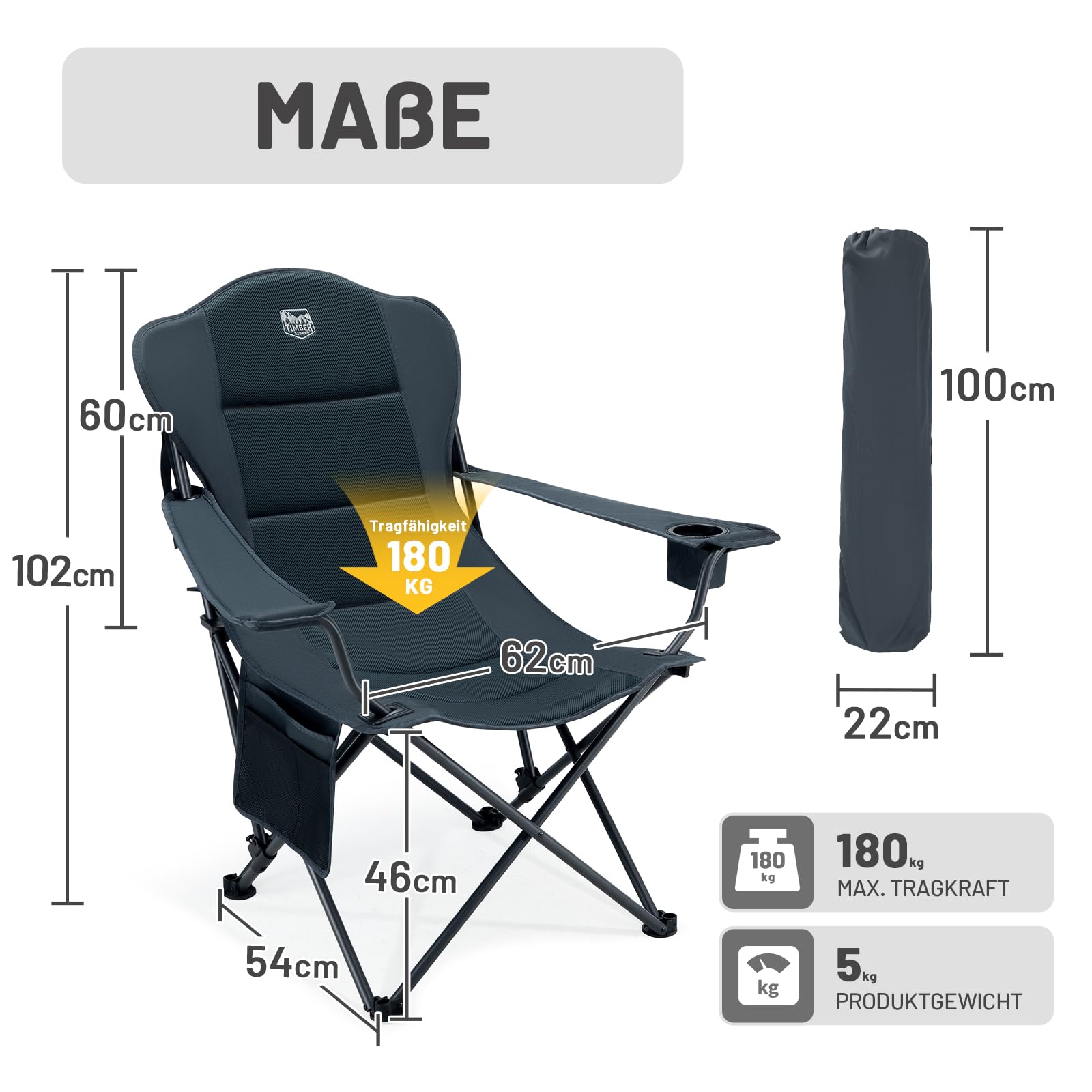 TIMBER RIDGE Campingstuhl Faltbar 180KG Rückenverstellbar in 3 Positionen Klappstuhl Gepolsterter Angelstuhl Übergroß Sitzbreite 62cm mit Seitentasche Getränkehalter 5