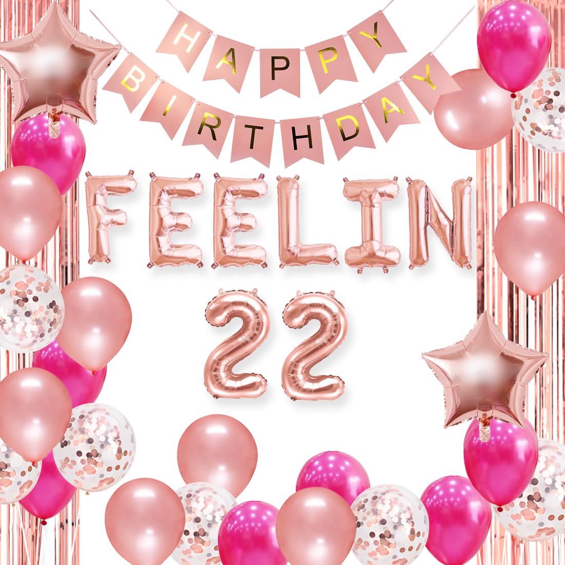 JOYMEMO 22nd Birthday Decorations Rose Gold, Feelin 22 Balloons Happy Birthday Banner, Foil Fringe Curtains, Lipstick Star Confetti Balloons for Her Women 22 Birthday Party Supplies