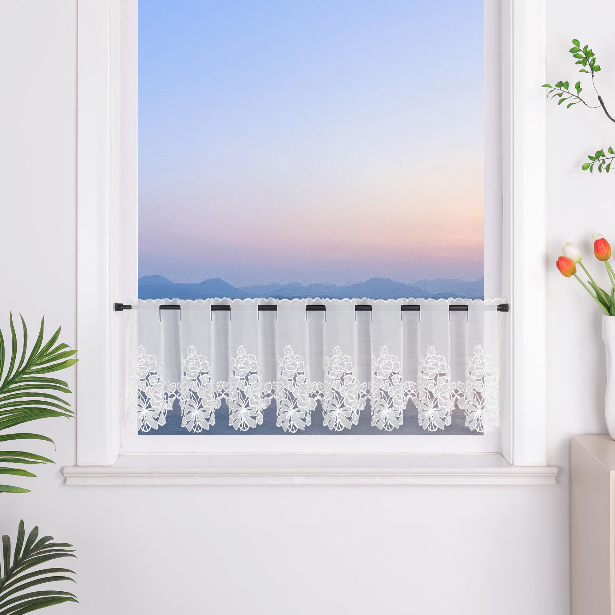 Heichkell Voile Short Curtain Hollow Embroidery Curtain Kitchen Door Corridor Curtain Cream 1 Piece Height x Width 30 x 150 cm