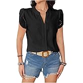 SweatyRocks Women's Embroidered Eyelet Tops Floral Summer Puff Sleeve Dressy Casual Blouses V Neck T Shirt