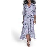 Calvin Klein Women's 3/4 Balloon Sleeve V-Neck Belted Wrap Midi Dress