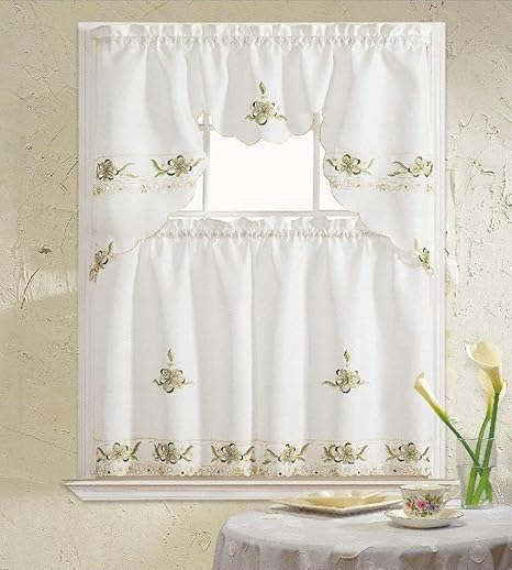 Buy B H Home Aster Floral Embroidered 3 Piece Kitchen Curtain
