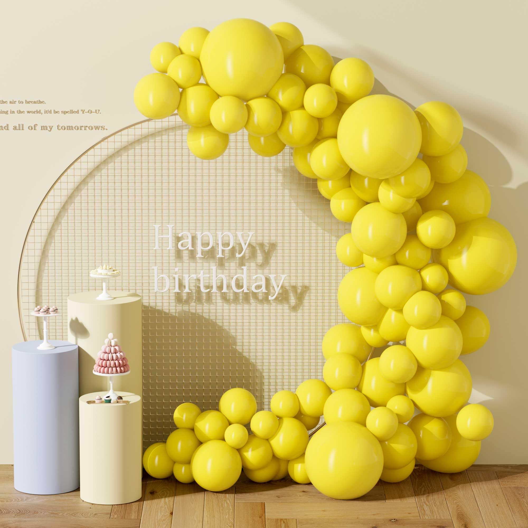 Photo 1 of DECOCKRAT 130PCS Yellow Balloons - Latex Helium Balloons with Ribbon, Assorted Sizes 18/12/10/5 Inch - Perfect for Birthday, Wedding, Graduation and More