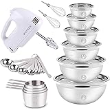Electric Hand Mixer Mixing Bowls Set, Upgrade 5-Speeds Mixers with 6 Nesting Stainless Steel Mixing Bowl, Measuring Cups and 