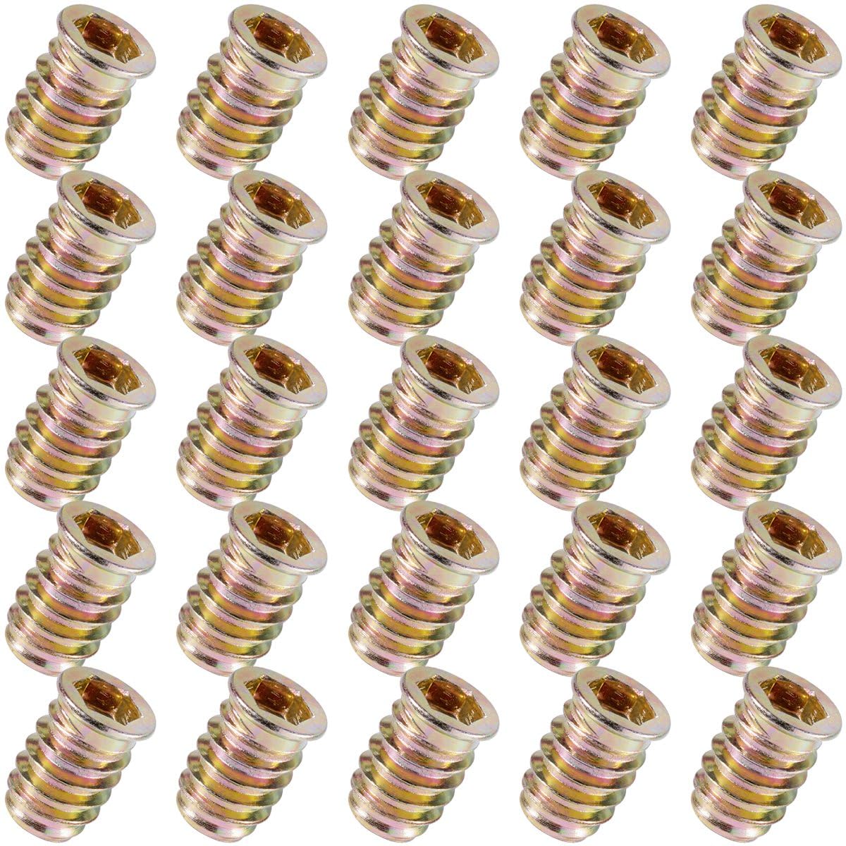 YoiYee Wood Furniture M8 x 20 mm Threaded Insert Nuts Interface Hex Socket Drive Zinc Yellow Passivated - 25 Pack