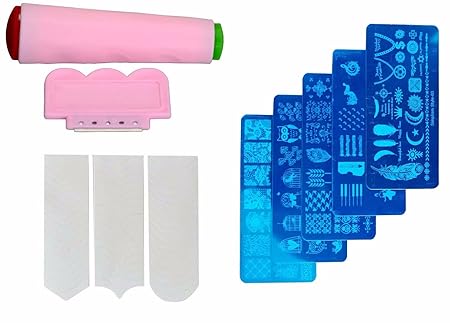 FOK Nail Art Combo 5pc Random Design Stamping Image Plate, Scrapper and 1pc French Manicure Nail Art Tip Sticker